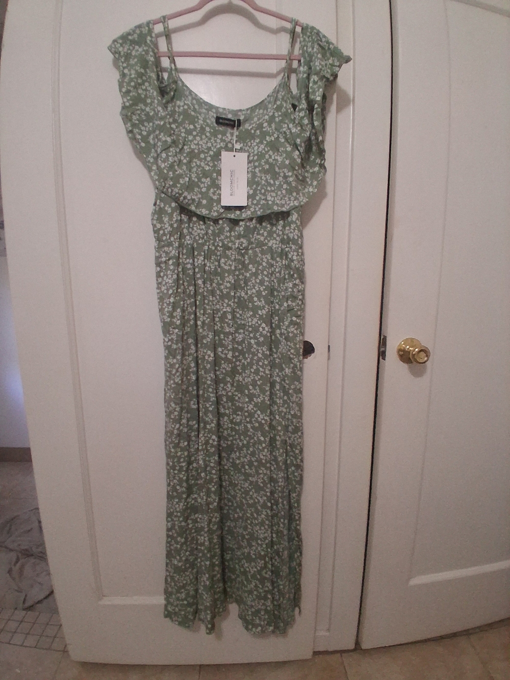 BloomChic Sage Green Floral Maxi Dress with Ruffle Neckline